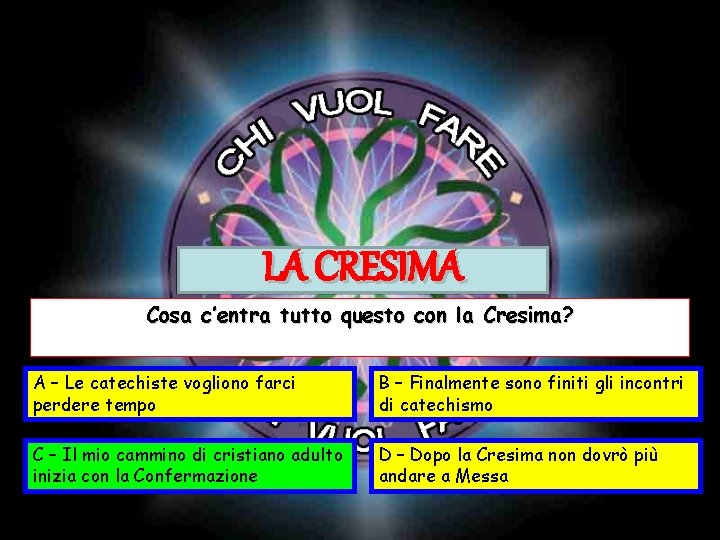 LA CRESIMA Cosa c’entra tutto questo con la Cresima? A – Le catechiste vogliono LA CRESIMA Cosa c’entra tutto questo con la Cresima? A – Le catechiste vogliono