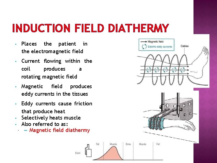 INDUCTION FIELD DIATHERMY • Places the patient in the electromagnetic field • Current flowing