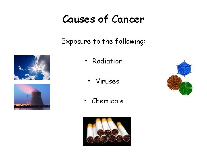 Causes of Cancer Exposure to the following: • Radiation • Viruses • Chemicals Causes of Cancer Exposure to the following: • Radiation • Viruses • Chemicals