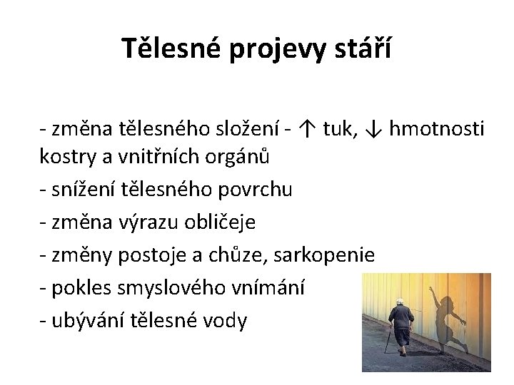 Tělesné projevy stáří - změna tělesného složení - ↑ tuk, ↓ hmotnosti kostry a