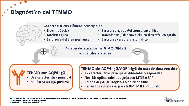 Diagnóstico del TENMO Características clínicas principales • Neuritis óptica • Mielitis aguda • Síndrome