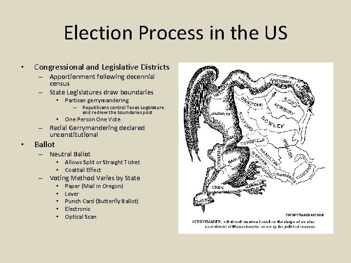 Election Process in the US • Congressional and Legislative Districts – Apportionment following decennial