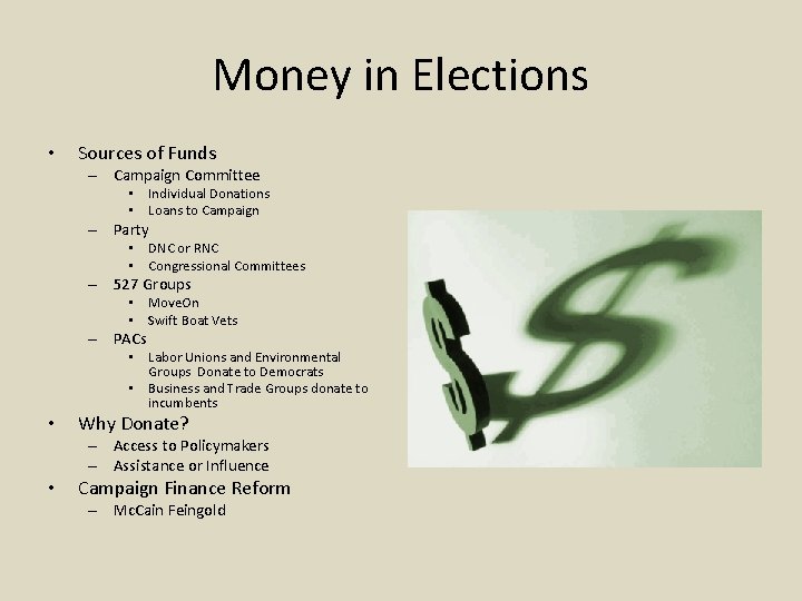 Money in Elections • Sources of Funds – Campaign Committee • Individual Donations •