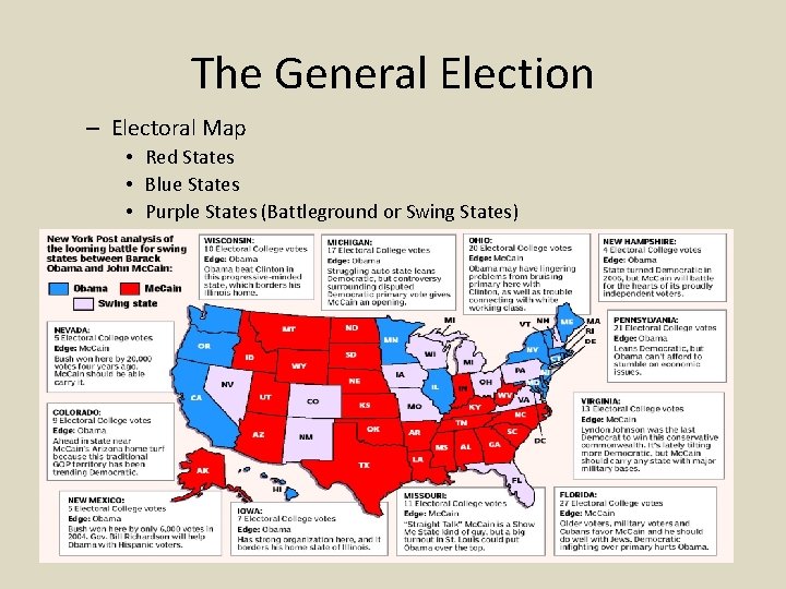 The General Election – Electoral Map • Red States • Blue States • Purple
