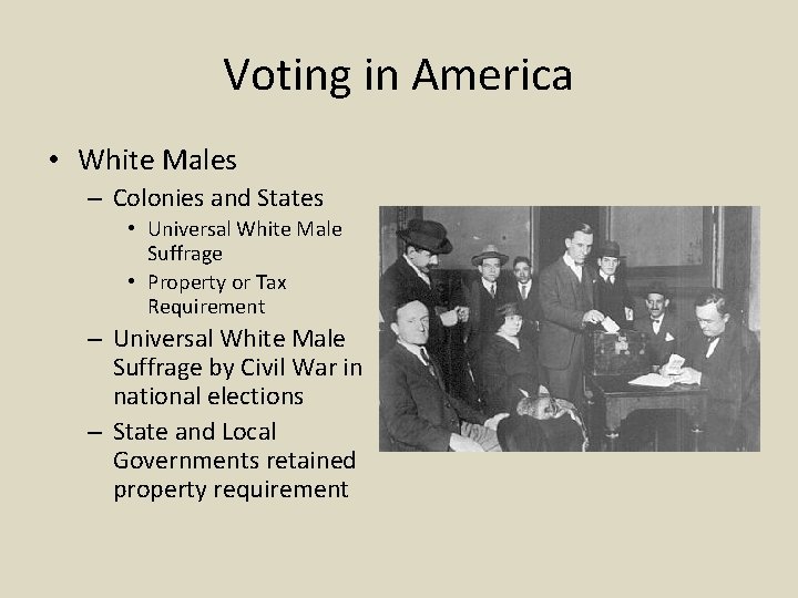 Voting in America • White Males – Colonies and States • Universal White Male