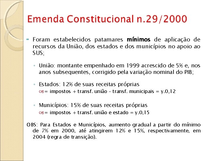  Foram estabelecidos patamares mínimos de aplicação de recursos da União, dos estados e