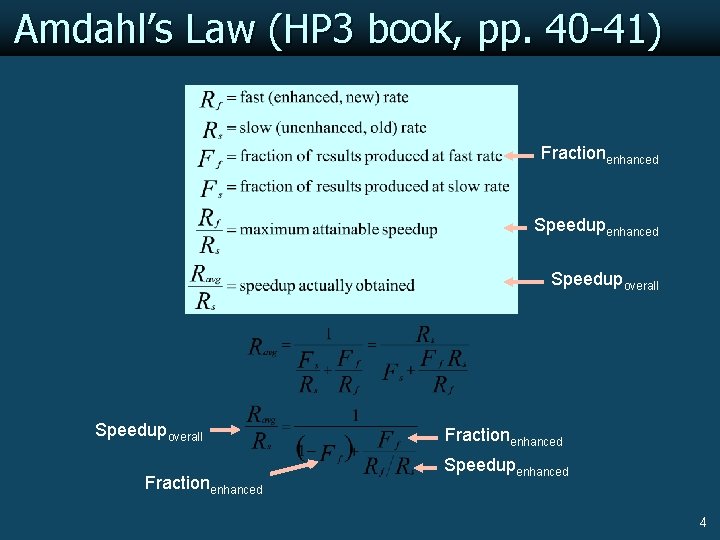 Amdahl’s Law (HP 3 book, pp. 40 -41) Fractionenhanced Speedupoverall Fractionenhanced Speedupenhanced 4 