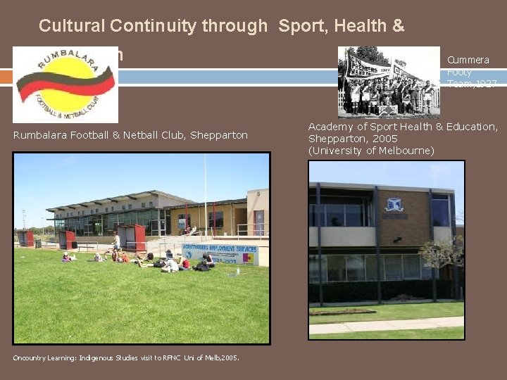 Cultural Continuity through Sport, Health & Education Rumbalara Football & Netball Club, Shepparton Oncountry Cultural Continuity through Sport, Health & Education Rumbalara Football & Netball Club, Shepparton Oncountry