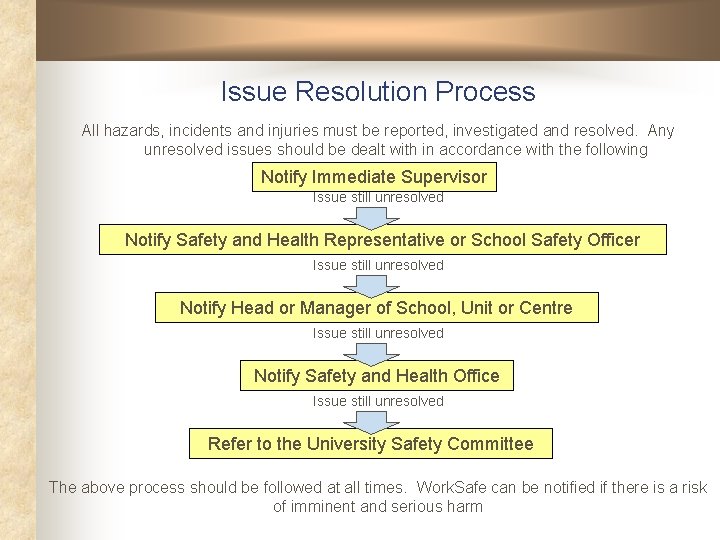 Issue Resolution Process All hazards, incidents and injuries must be reported, investigated and resolved. Issue Resolution Process All hazards, incidents and injuries must be reported, investigated and resolved.