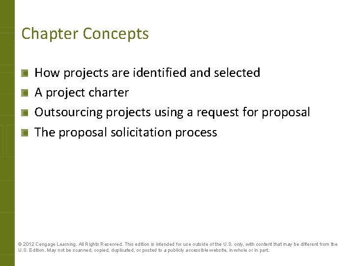 Chapter Concepts How projects are identified and selected A project charter Outsourcing projects using