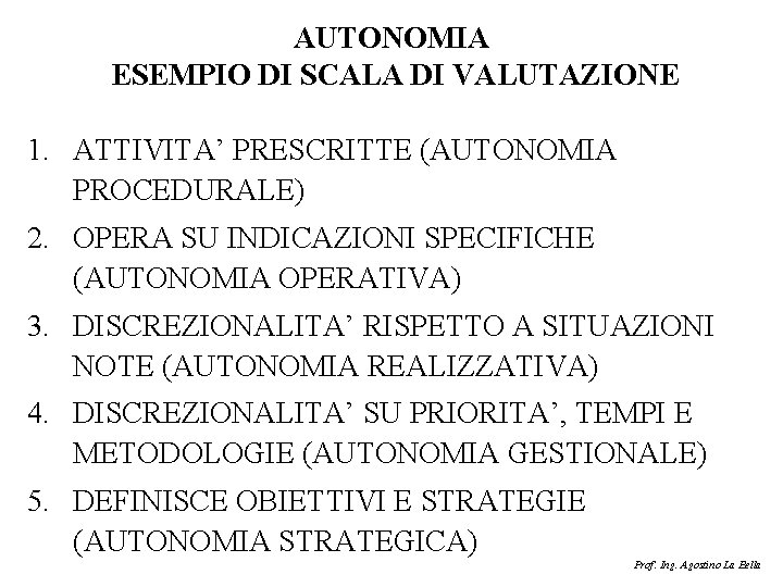 AUTONOMIA ESEMPIO DI SCALA DI VALUTAZIONE 1. ATTIVITA’ PRESCRITTE (AUTONOMIA PROCEDURALE) 2. OPERA SU