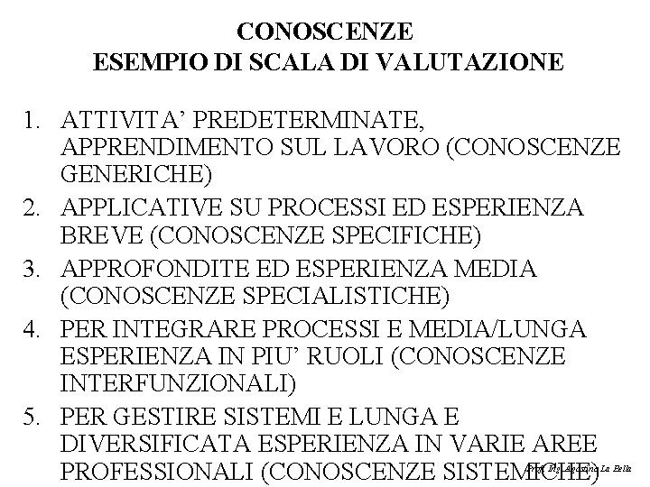 CONOSCENZE ESEMPIO DI SCALA DI VALUTAZIONE 1. ATTIVITA’ PREDETERMINATE, APPRENDIMENTO SUL LAVORO (CONOSCENZE GENERICHE)