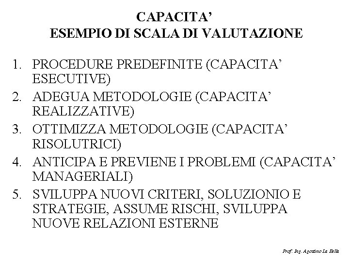 CAPACITA’ ESEMPIO DI SCALA DI VALUTAZIONE 1. PROCEDURE PREDEFINITE (CAPACITA’ ESECUTIVE) 2. ADEGUA METODOLOGIE