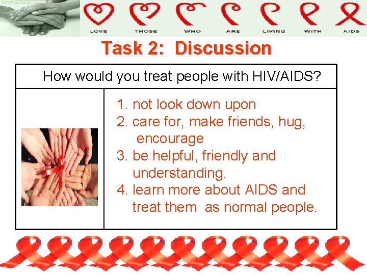 Task 2: Discussion How would you treat people with HIV/AIDS? 1. not look down