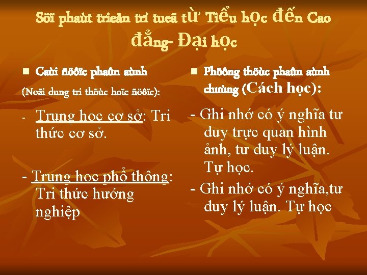 Söï phaùt trieån trí tueä từ Tiểu học đến Cao đẳng- Đại học n Söï phaùt trieån trí tueä từ Tiểu học đến Cao đẳng- Đại học n