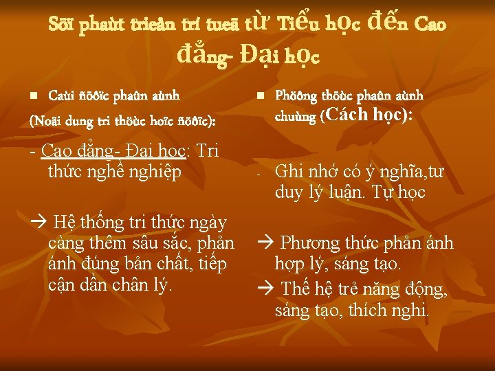 Söï phaùt trieån trí tueä từ Tiểu học đến Cao đẳng- Đại học Caùi