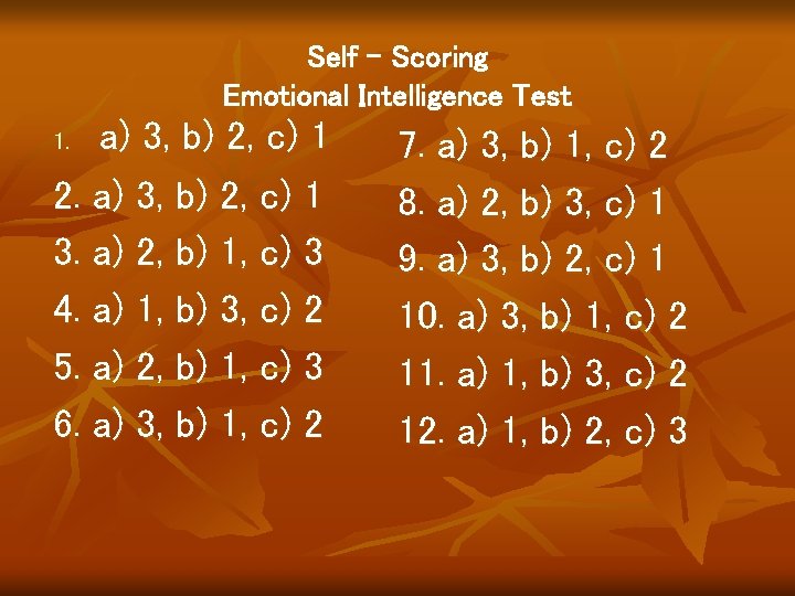 Self – Scoring Emotional Intelligence Test a) 3, b) 2, c) 1 2. a)
