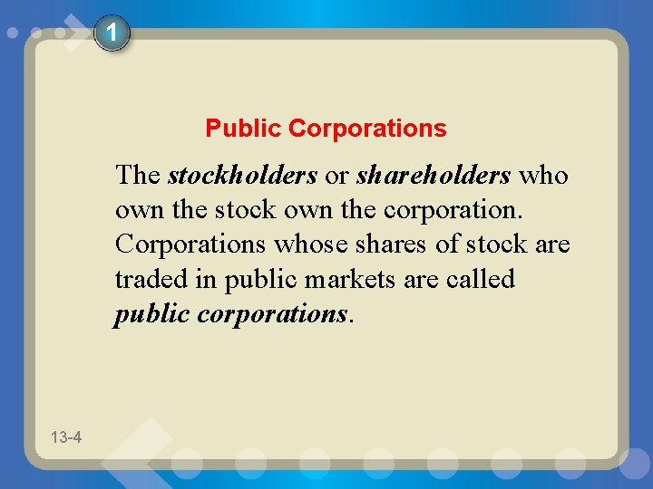 1 Public Corporations The stockholders or shareholders who own the stock own the corporation.