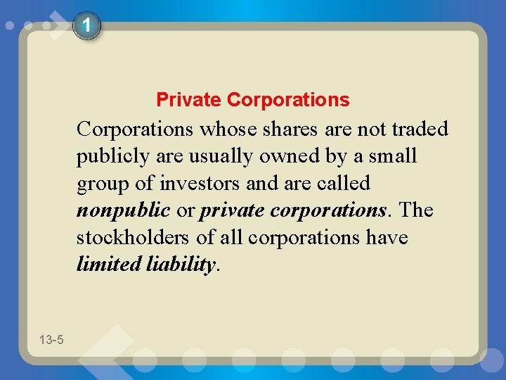 1 Private Corporations whose shares are not traded publicly are usually owned by a