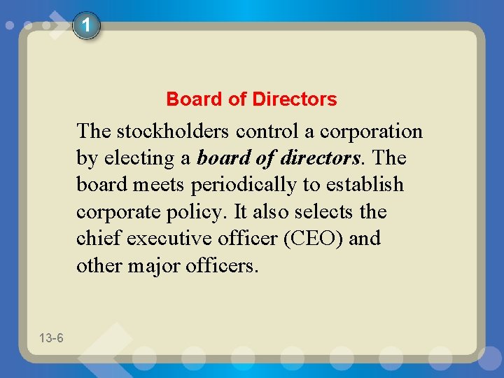 1 Board of Directors The stockholders control a corporation by electing a board of