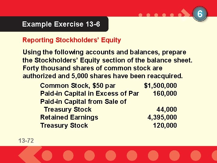 6 Example Exercise 13 -6 Reporting Stockholders’ Equity Using the following accounts and balances,