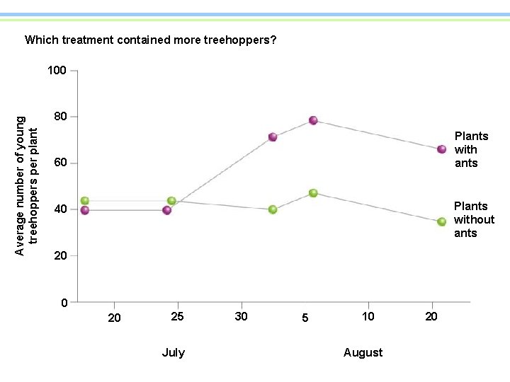 Which treatment contained more treehoppers? Average number of young treehoppers per plant 100 80