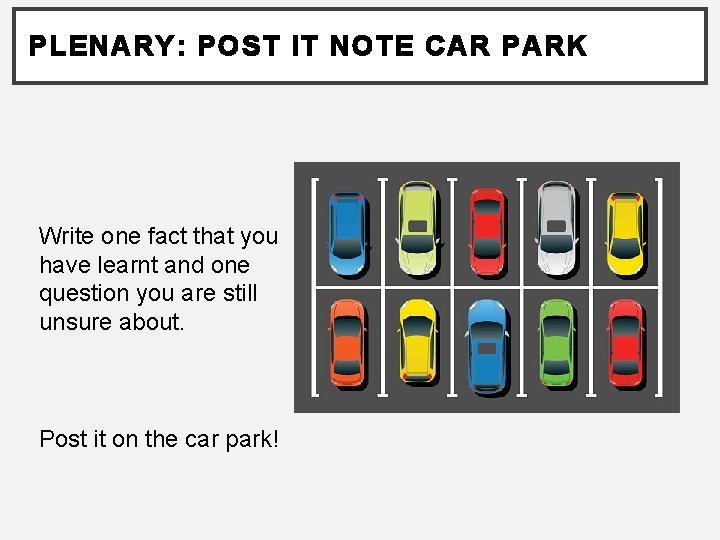 PLENARY: POST IT NOTE CAR PARK Write one fact that you have learnt and