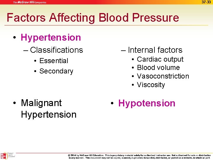 37 -33 Factors Affecting Blood Pressure • Hypertension – Classifications • Essential • Secondary