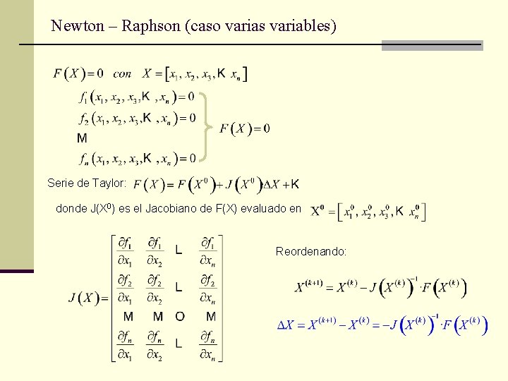 Newton – Raphson (caso varias variables) Serie de Taylor: donde J(X 0) es el