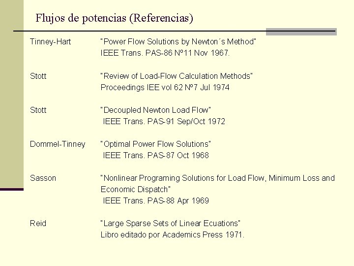 Flujos de potencias (Referencias) Tinney-Hart “Power Flow Solutions by Newton´s Method” IEEE Trans. PAS-86