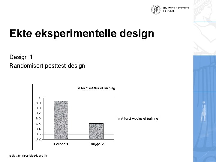 Ekte eksperimentelle design Design 1 Randomisert posttest design Institutt for spesialpedagogikk Ekte eksperimentelle design Design 1 Randomisert posttest design Institutt for spesialpedagogikk