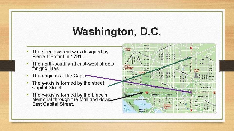 Washington, D. C. • The street system was designed by Pierre L’Enfant in 1791. Washington, D. C. • The street system was designed by Pierre L’Enfant in 1791.