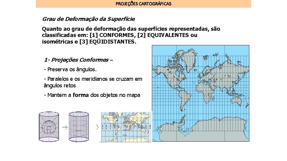 PROJEÇÕES CARTOGRÁFICAS Grau de Deformação da Superfície Quanto ao grau de deformação das superfícies