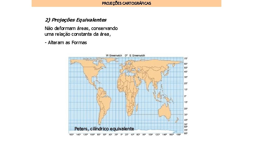 PROJEÇÕES CARTOGRÁFICAS 2) Projeções Equivalentes Não deformam áreas, conservando uma relação constante da área,