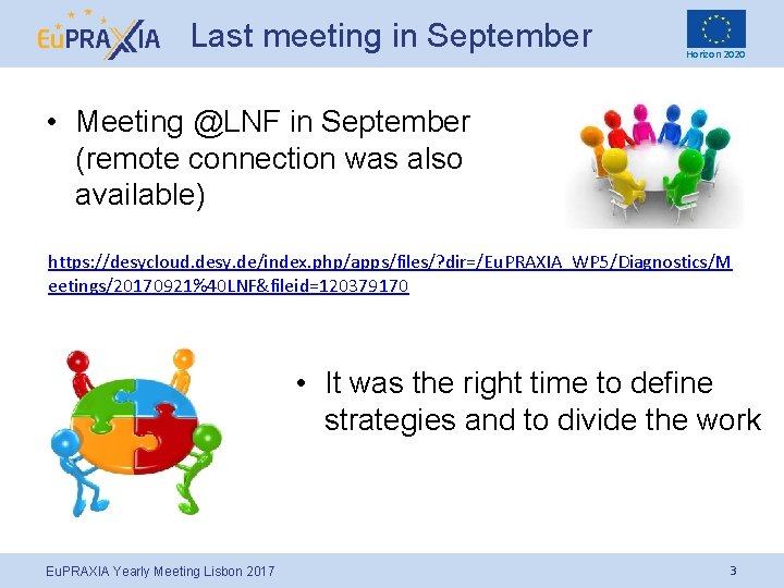 Last meeting in September Horizon 2020 • Meeting @LNF in September (remote connection was