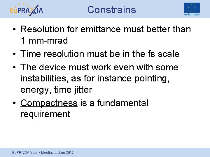 Constrains Horizon 2020 • Resolution for emittance must better than 1 mm-mrad • Time