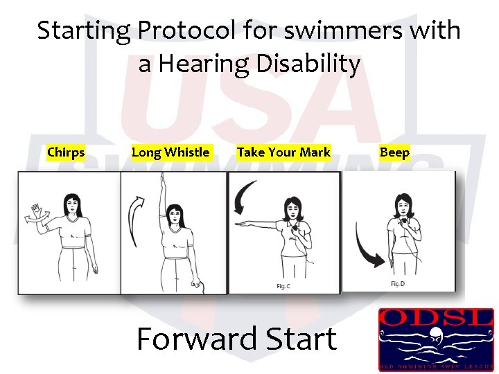 Starting Protocol for swimmers with a Hearing Disability Chirps Long Whistle Take Your Mark Starting Protocol for swimmers with a Hearing Disability Chirps Long Whistle Take Your Mark