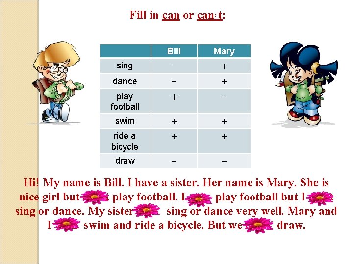 Fill in can or can, t: Bill Mary sing − + dance − +