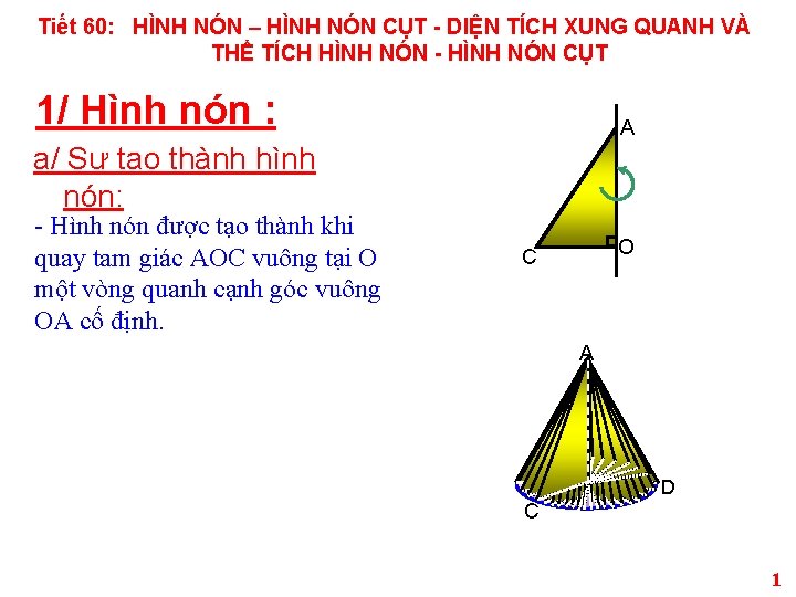 Tiết 60: HÌNH NÓN – HÌNH NÓN CỤT - DIỆN TÍCH XUNG QUANH VÀ