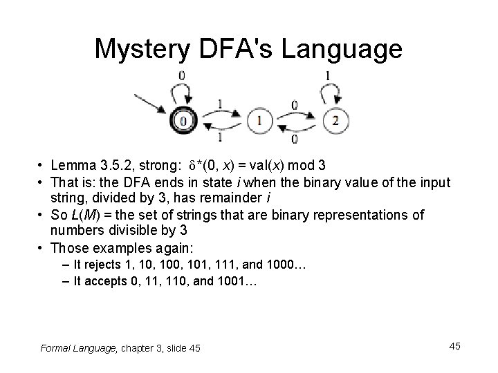 Mystery DFA's Language • Lemma 3. 5. 2, strong: δ *(0, x) = val(x) Mystery DFA's Language • Lemma 3. 5. 2, strong: δ *(0, x) = val(x)