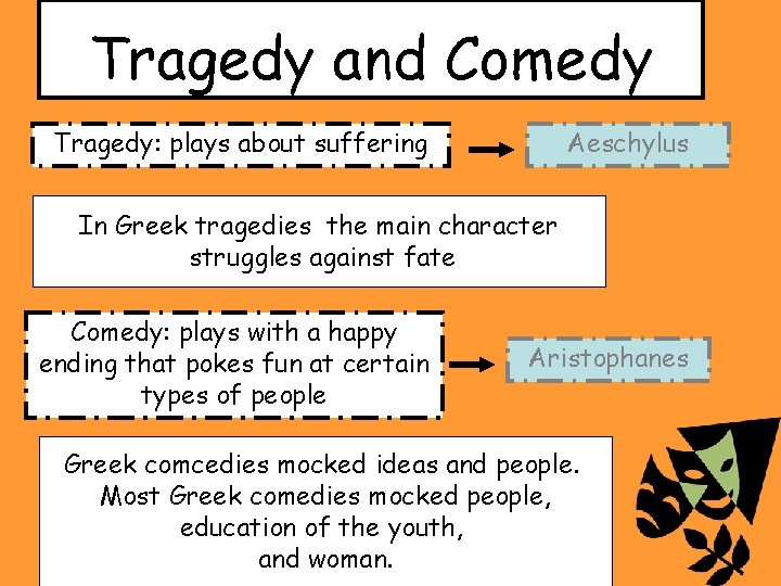 Tragedy and Comedy Aeschylus Tragedy: plays about suffering In Greek tragedies the main character