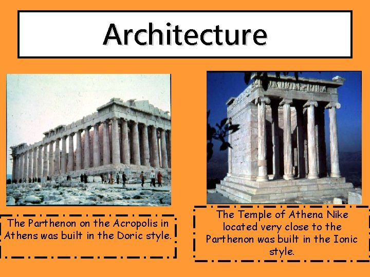 Architecture The Parthenon on the Acropolis in Athens was built in the Doric style.