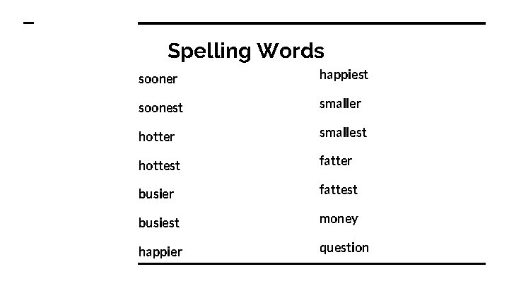 Spelling Words sooner happiest soonest smaller hotter smallest hottest fatter busier fattest busiest money