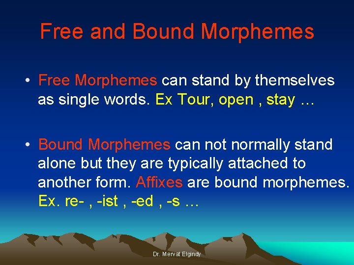 Free and Bound Morphemes • Free Morphemes can stand by themselves as single words.