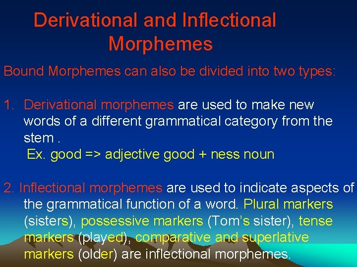 Derivational and Inflectional Morphemes Bound Morphemes can also be divided into two types: 1.