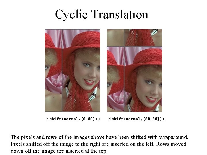 Cyclic Translation ishift(normal, [0 80]); ishift(normal, [80 80]); The pixels and rows of the