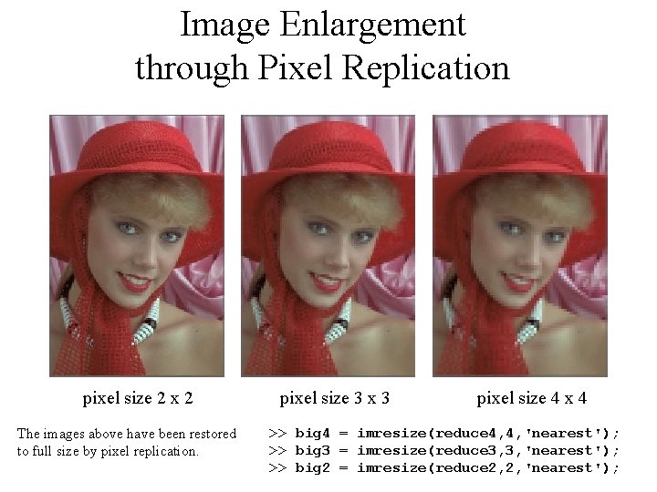 Image Enlargement through Pixel Replication pixel size 2 x 2 The images above have