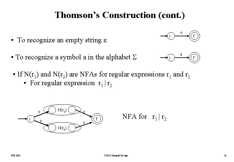 Thomson’s Construction (cont. ) i • To recognize an empty string • To recognize