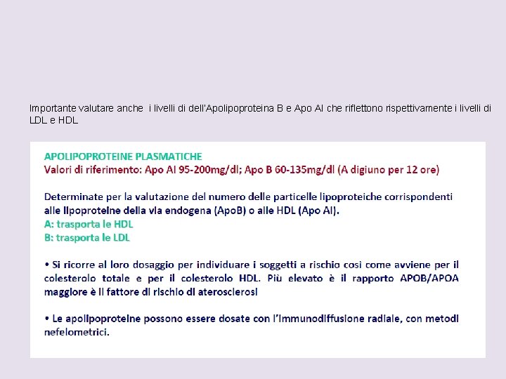 Importante valutare anche i livelli di dell’Apolipoproteina B e Apo AI che riflettono rispettivamente