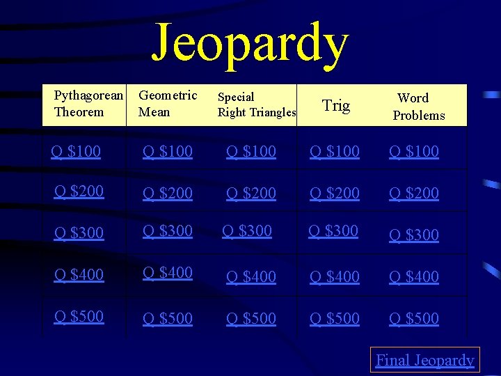 Jeopardy Pythagorean Theorem Geometric Mean Q $100 Q $100 Q $200 Q $200 Q Jeopardy Pythagorean Theorem Geometric Mean Q $100 Q $100 Q $200 Q $200 Q
